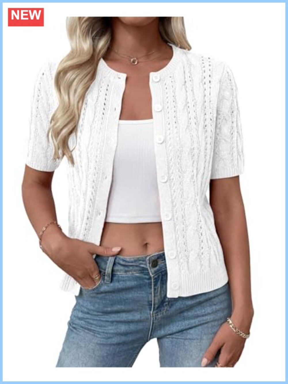 Crochet Cable Knit Cardigan Short Sleeve Button Hollow Out Knit Top